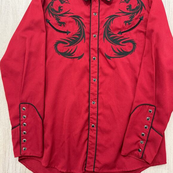 Vintage Scully Western Dragon Button Shirt Medium Red Embroidered Rockabilly - Picture 2 of 11